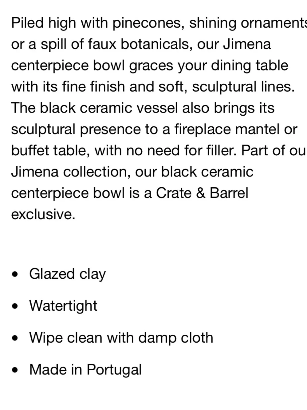 CRATE&BARREL NWT Jimena black ceramic centerpiece bowl